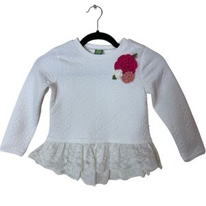 Dollie & Me White Textured Floral Fabric Long Sleeve Crochet Appliqué Flower Top